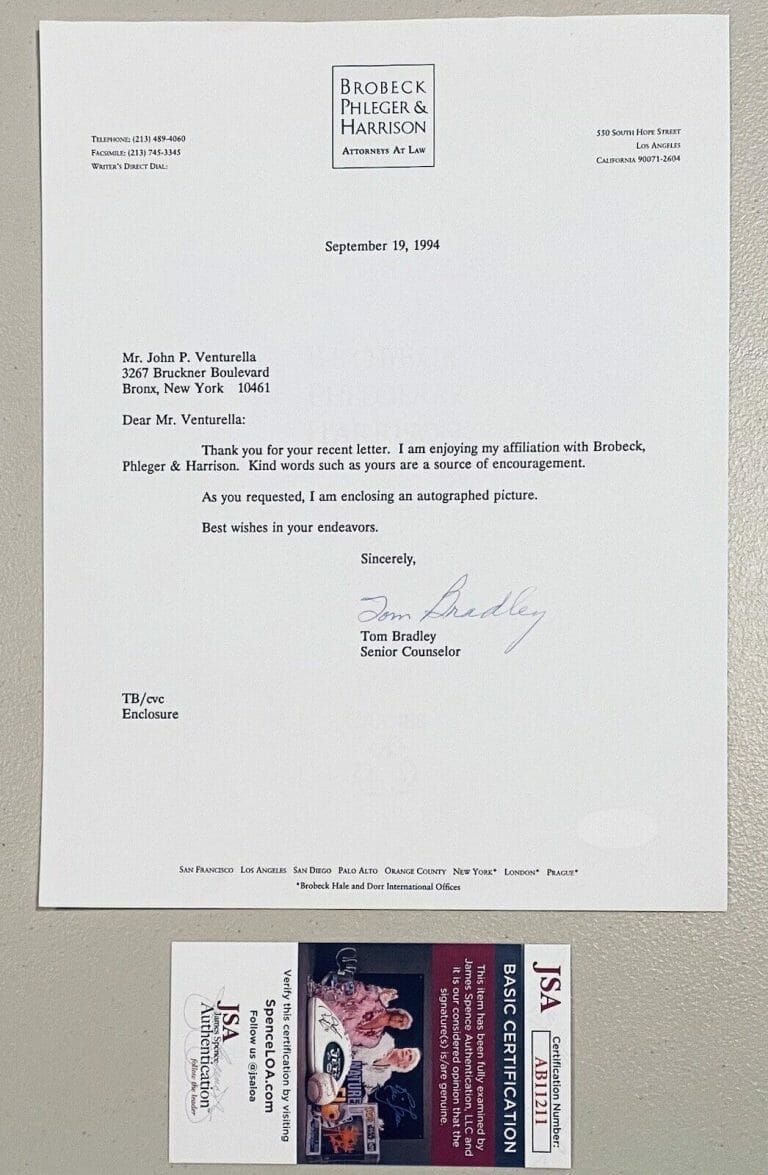 TOM BRADLEY AUTOGRAPHED 8.5 X 11 TYPED LETTER SIGNED JSA CERT LOS ANGELES MAYOR
 COLLECTIBLE MEMORABILIA