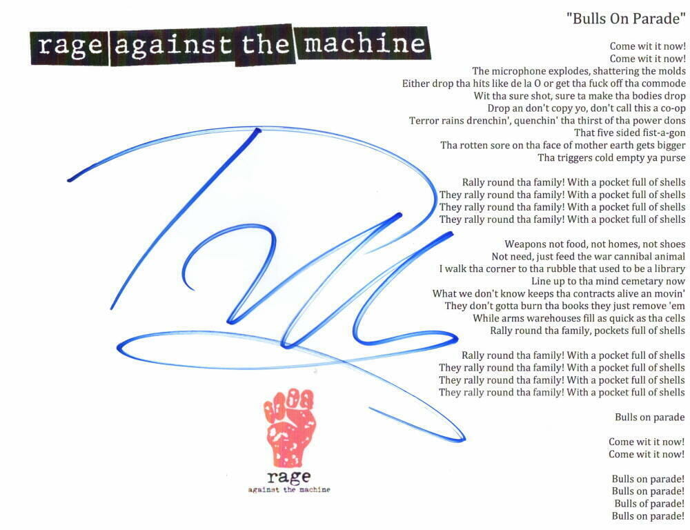 TOM MORELLO SIGNED AUTOGRAPH BULL ON PARADE LYRIC SHEET RAGE AGAINST THE MACHINE