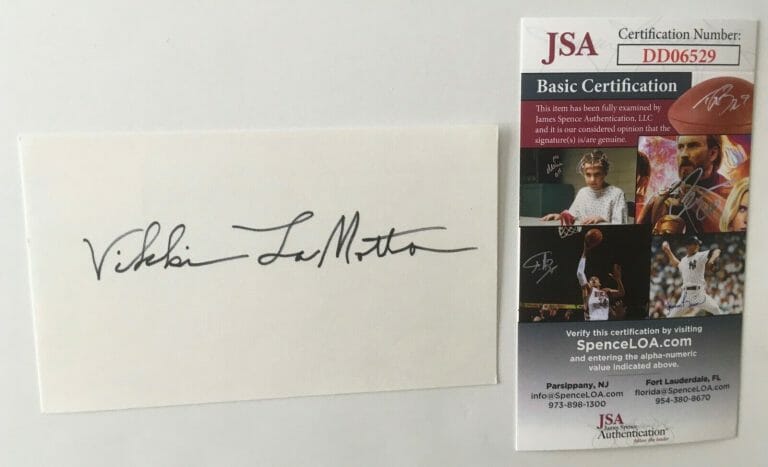 VIKKI LAMOTTA SIGNED AUTOGRAPHED 3×5 CARD JSA CERTIFIED JAKE
 COLLECTIBLE MEMORABILIA