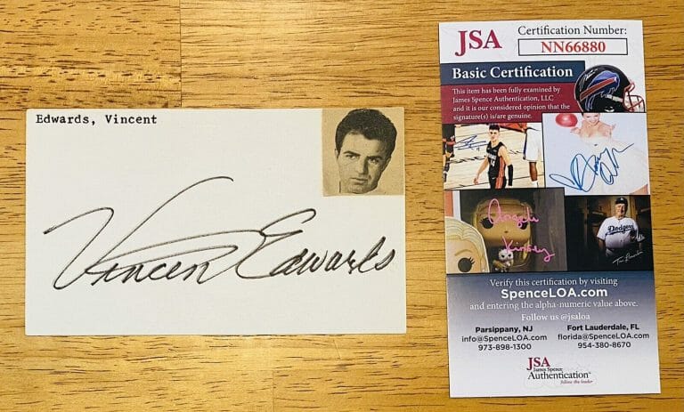 VINCE EDWARDS SIGNED AUTOGRAPHED VINTAGE 3×5 CARD JSA CERTIFIED BEN CASEY
 COLLECTIBLE MEMORABILIA