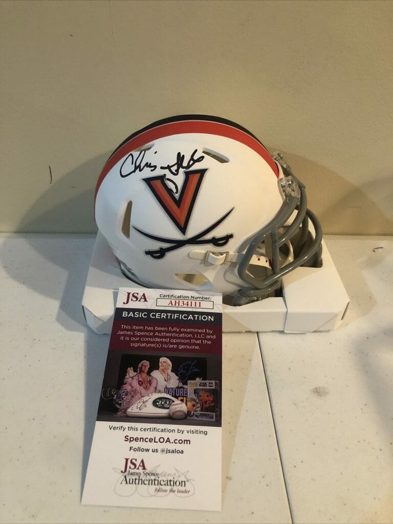 VIRGINIA CAVALIERS- CHRIS SLADE SIGNED AUTOGRAPH MINI HELMET JSA COA PATRIOTS COLLECTIBLE MEMORABILIA