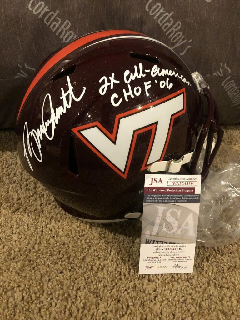 VIRGINIA TECH HOKIES- BRUCE SMITH SIGNED AUTOGRAPH FULL SIZE HELMET REP JSA COA COLLECTIBLE MEMORABILIA