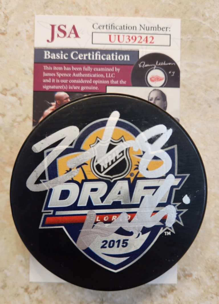 ZACH WERENSKI SIGNED 2015 NHL DRAFT PUCK JSA COA #UU39242 COLUMBUS BLUE JACKETS COLLECTIBLE MEMORABILIA