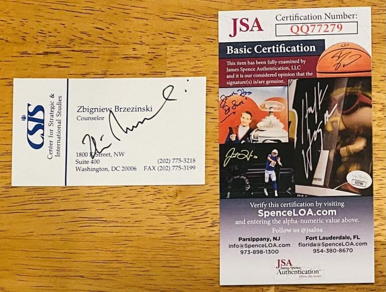 ZBIGNIEW BRZEZINSKI SIGNED AUTOGRAPH BUSINESS CARD JSA NATIONAL SECURITY ADVISOR
 COLLECTIBLE MEMORABILIA