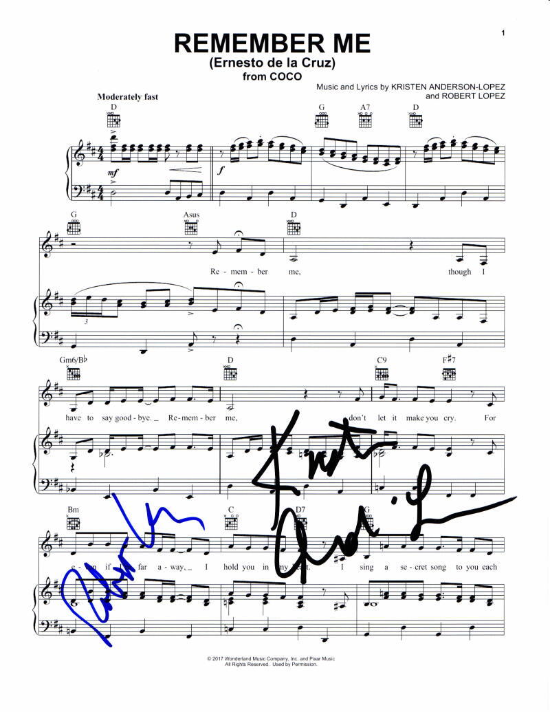 Kristen Anderson-Lopez Robert Lopez Signed Autograph Remember Me Sheet Music
