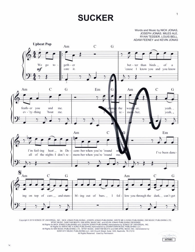 Kevin Jonas Brothers Signed Autograph Sucker Sheet Music - The Album w/ JSA COA

