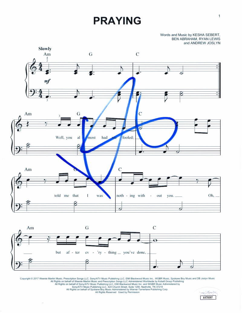 Kesha Rose Sebert Ke$ha Signed Autograph Praying Sheet Music - Rainbow JSA COA
