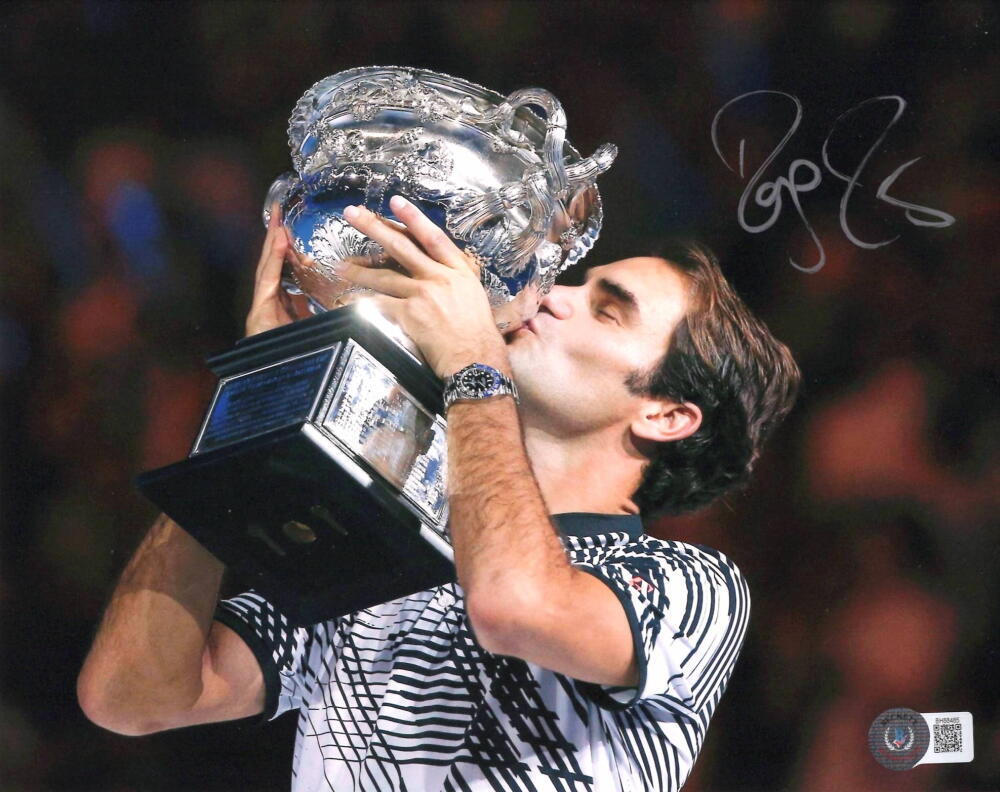Roger Federer Signed Autograph 8x10 Photo - Kissing Champion Trophy Beckett COA
