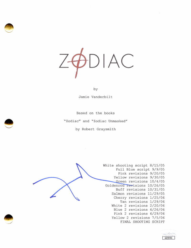 David Fincher Signed Autograph Zodiac Full Movie Script w/ Robert Downey Jr
