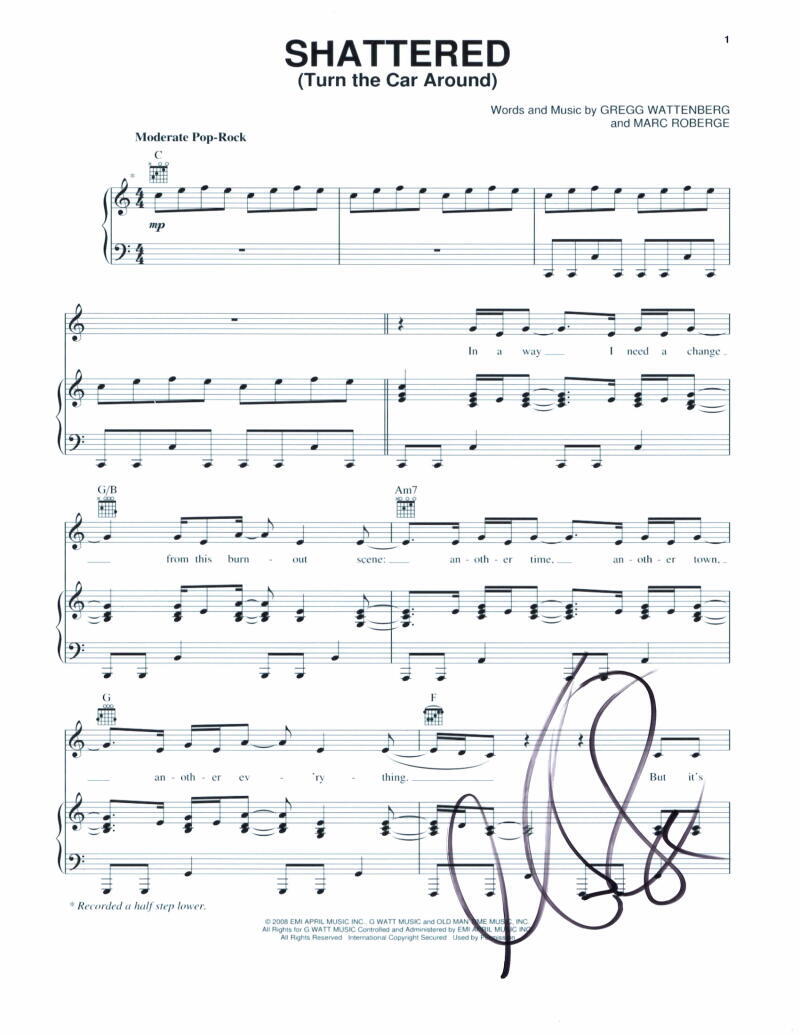 Marc Roberge O.A.R. Signed Autograph Shattered Turn the Car Around Sheet Music
