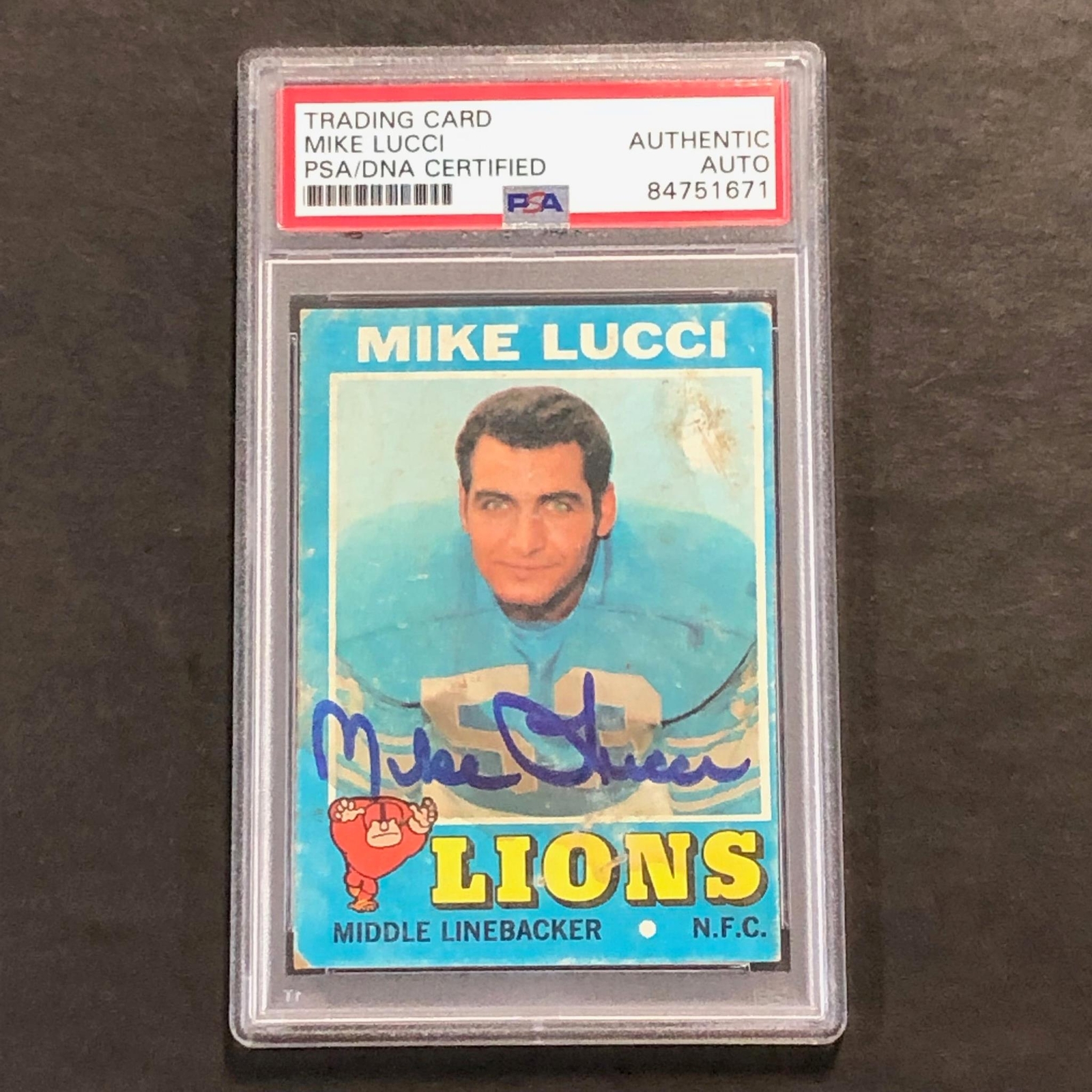 1971 FOOTBALL CARD #105 MIKE LUCCI SIGNED CARD PSA SLABBED AUTO LIONS COLLECTIBLE MEMORABILIA
