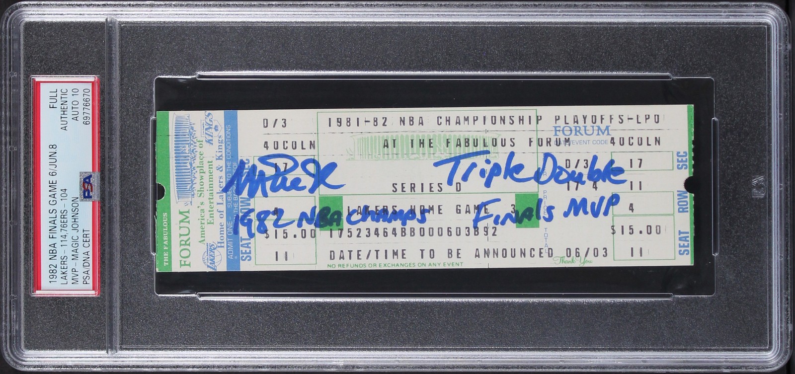 Magic Johnson Signed 1982 Finals Game 6 Full Ticket Stub Auto 10! PSA Slabbed 3
