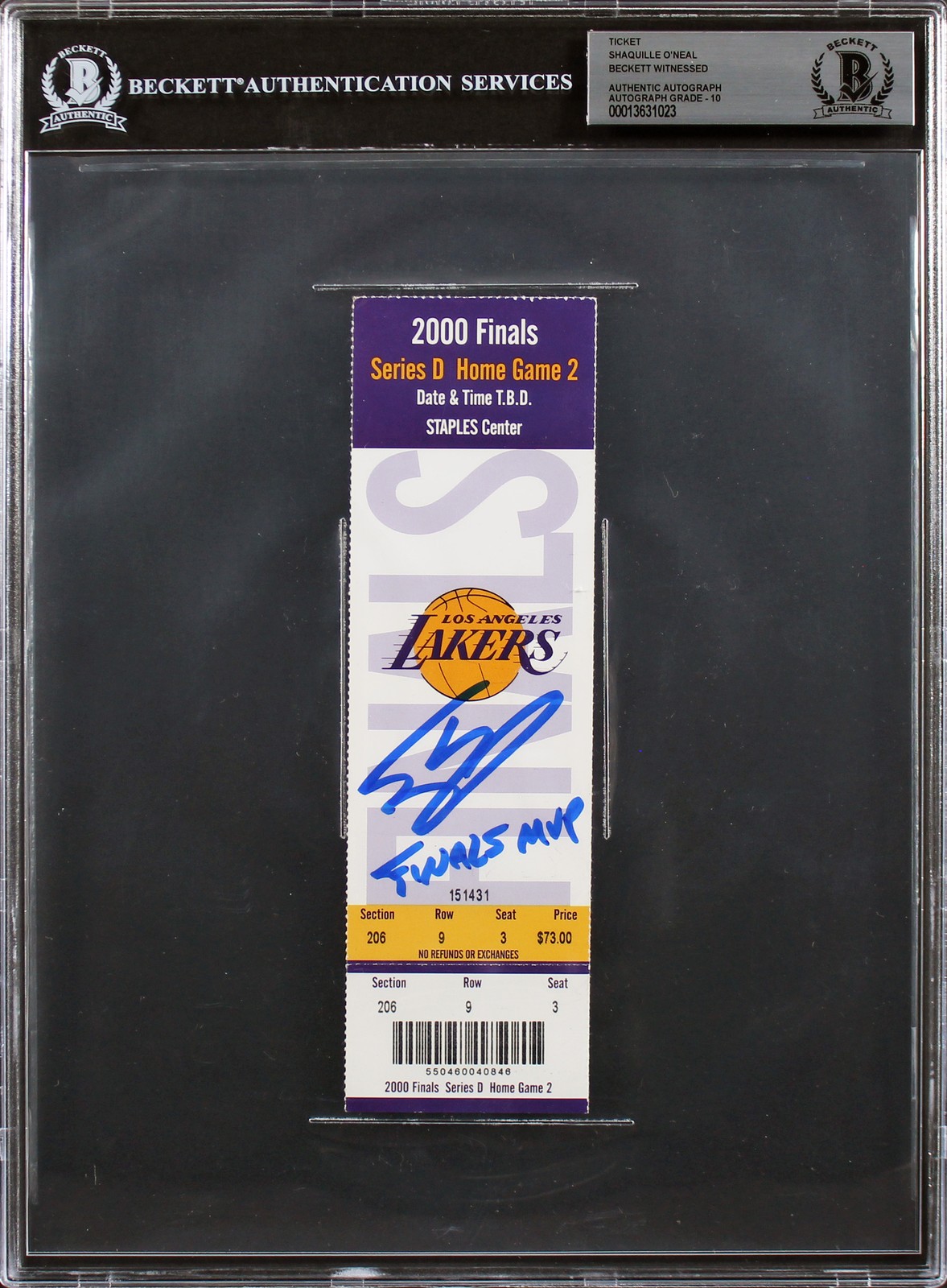 Shaquille O'Neal Finals MVP Signed 2000 Finals GM 2 Ticket Stub Auto 10 BAS Slab
