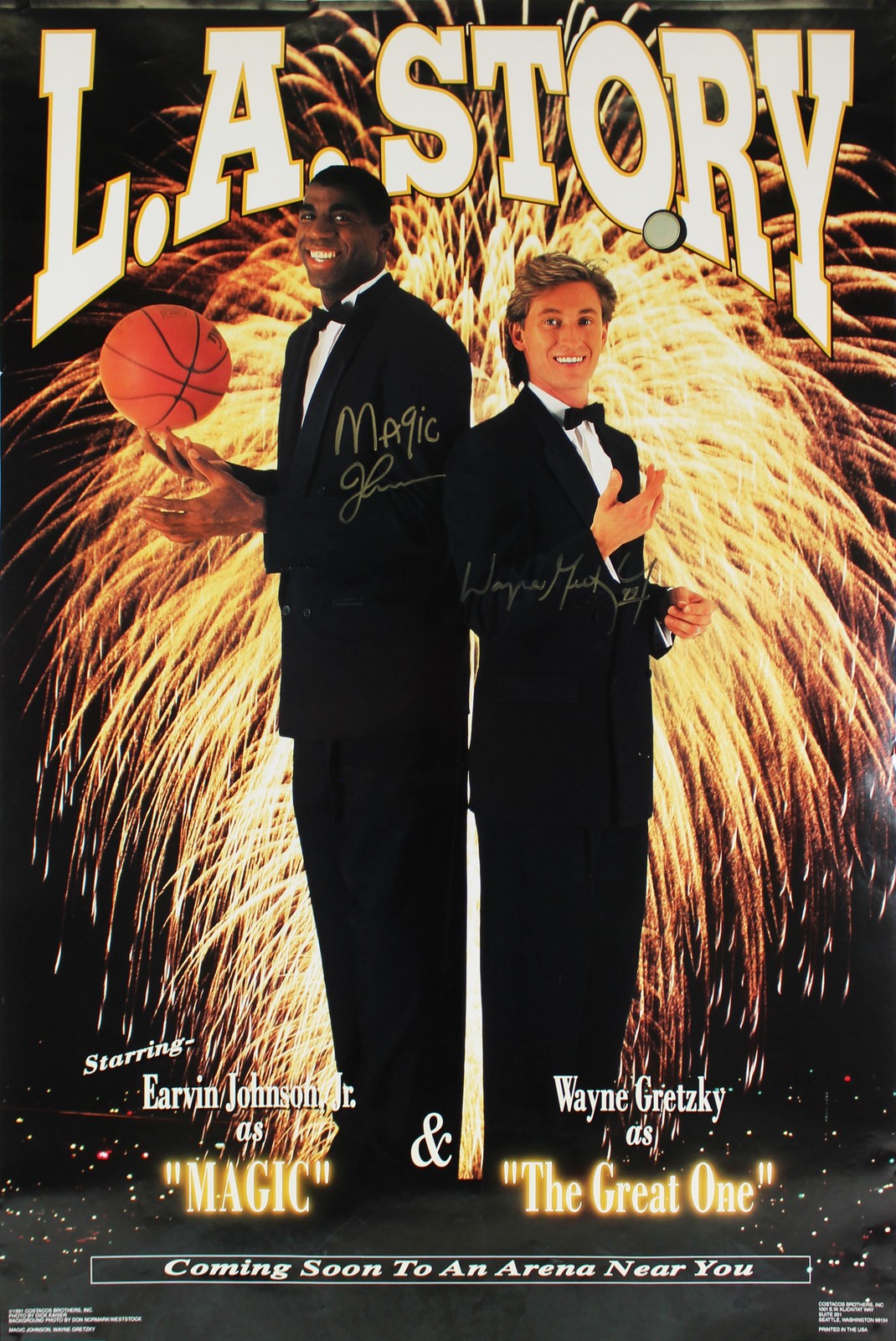 WAYNE GRETZKY & MAGIC JOHNSON SIGNED 23×34.75 L.A. STORY POSTER PSA/DNA #AI02340 COLLECTIBLE MEMORABILIA