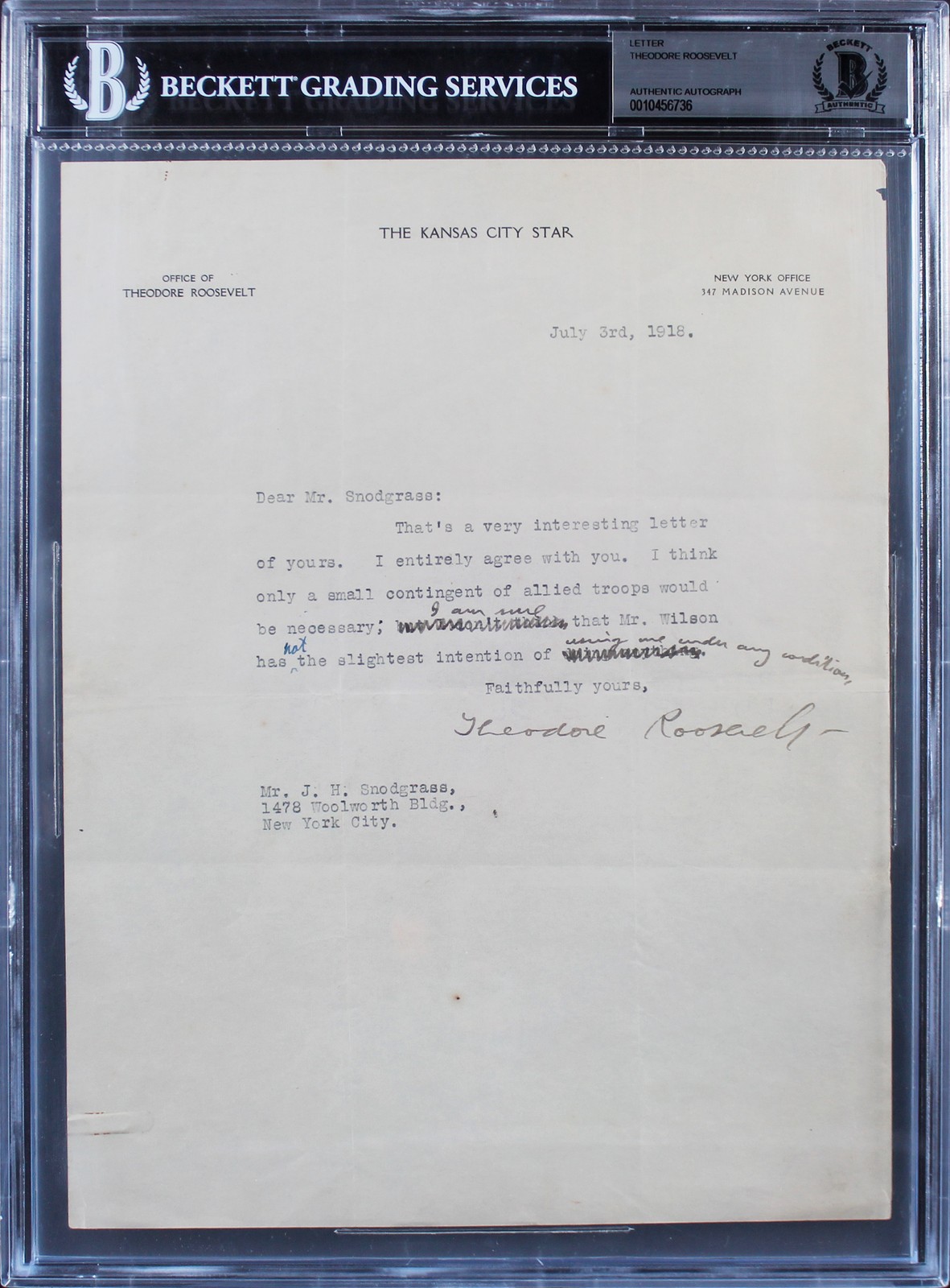 Theodore Roosevelt Authentic Signed 8.5x11 Letter Dated July 3rd, 1918 BAS Slab
