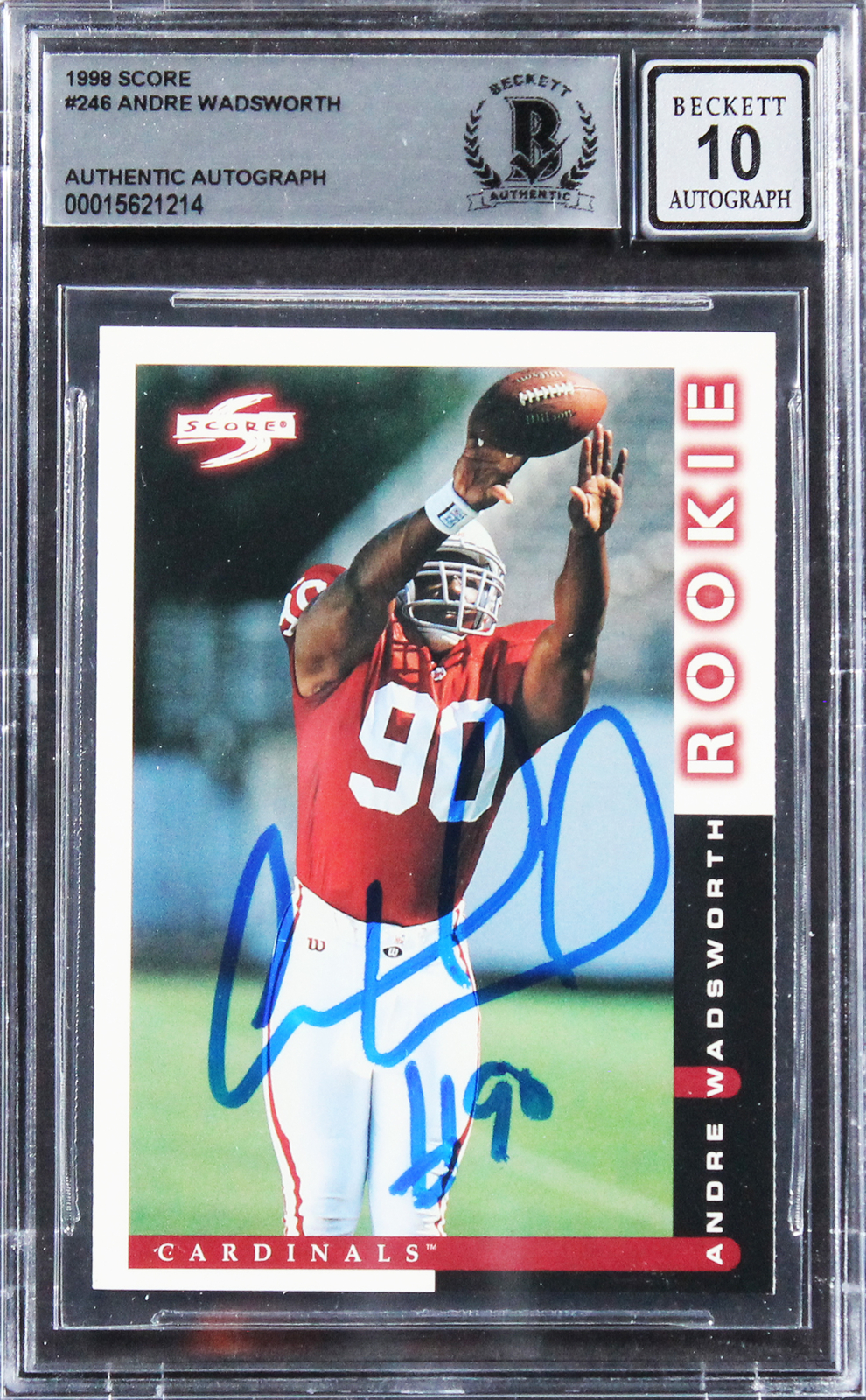 Cardinals Andre Wadsworth Signed 1998 Score #246 Rookie Card Auto 10! BAS Slab

