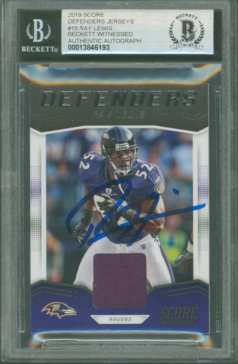 Ravens Ray Lewis Signed 2019 Score Defenders Jerseys #15 Card BAS Slabbed 2
