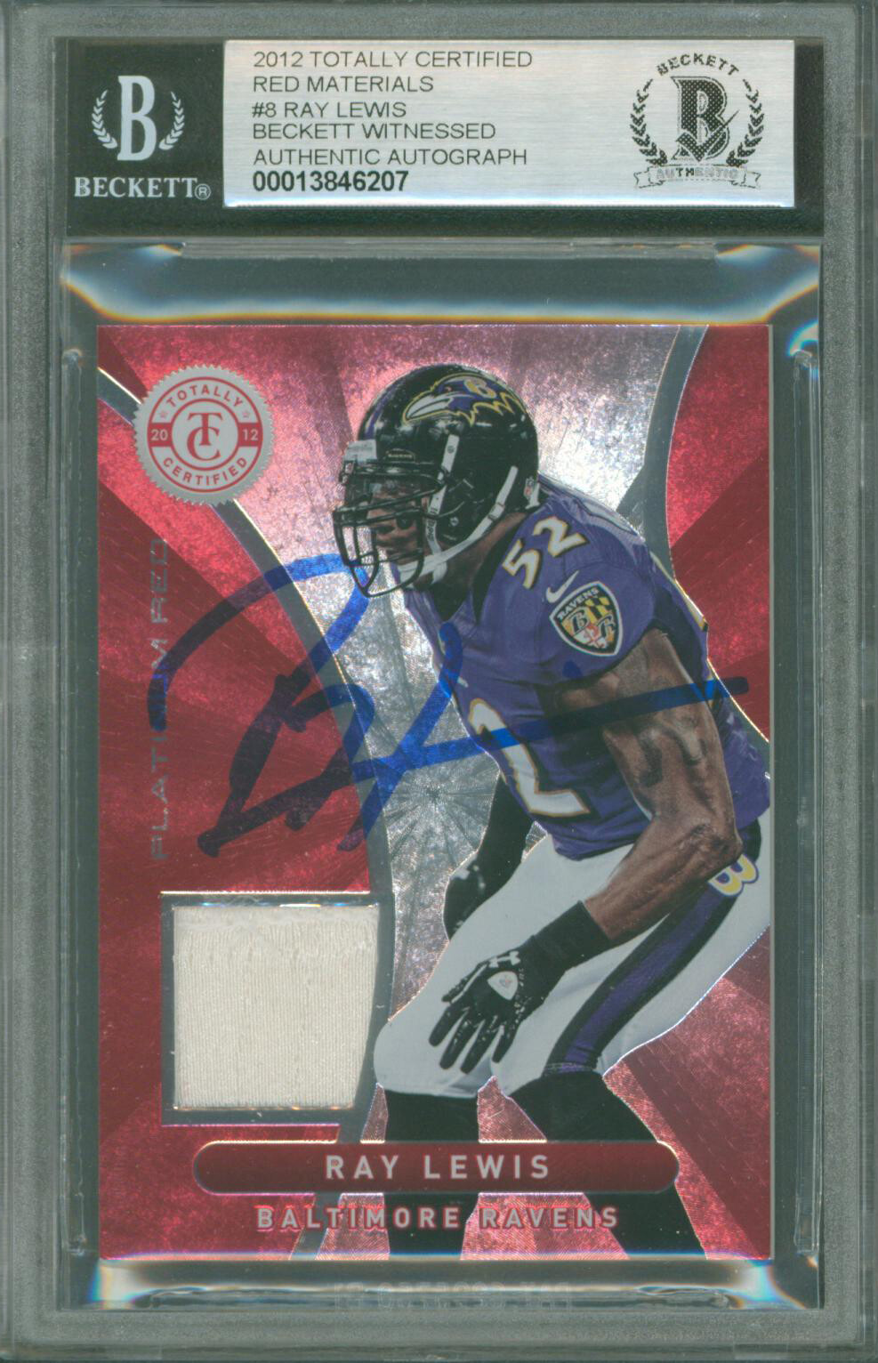 Ravens Ray Lewis Signed 2012 Totally Certified Red Materials #8 Card BAS Slabbed
