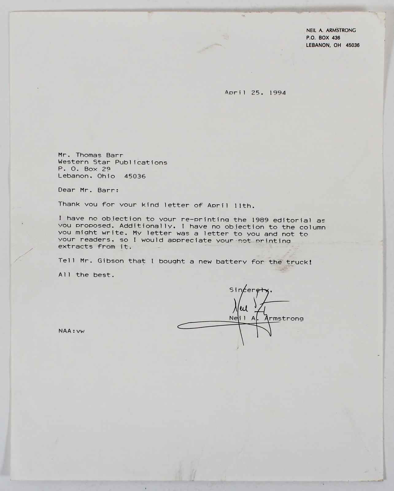 Neil Armstrong Apollo 11 Authentic Signed 8.5x11 1994 Typed Letter BAS #AC33408
