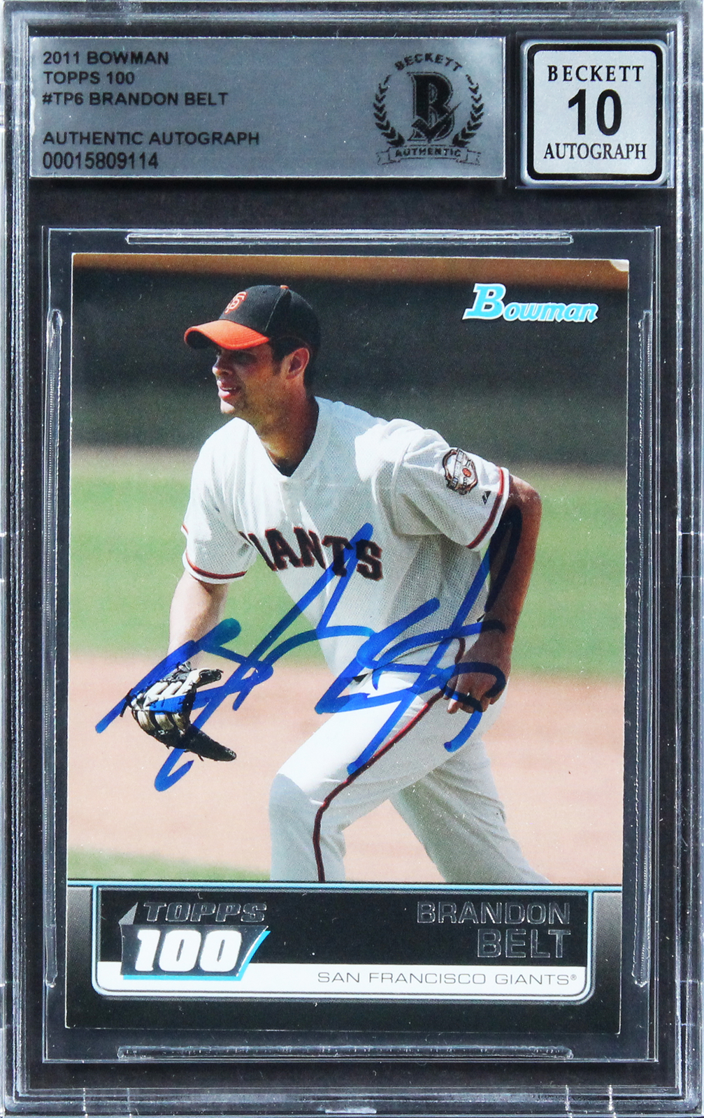 Marlins Brandon Belt Signed 2011 Bowman Topps 100 #TP6 Card Auto 10! BAS Slabbed
