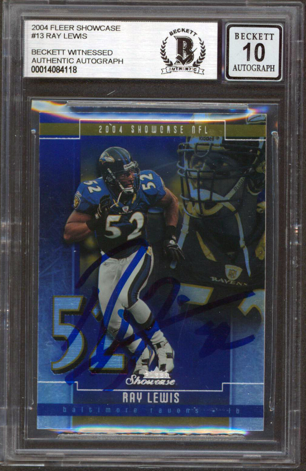 Ravens Ray Lewis Signed 2004 Fleer Showcase #13 Card Auto Graded 10! BAS Slabbed
