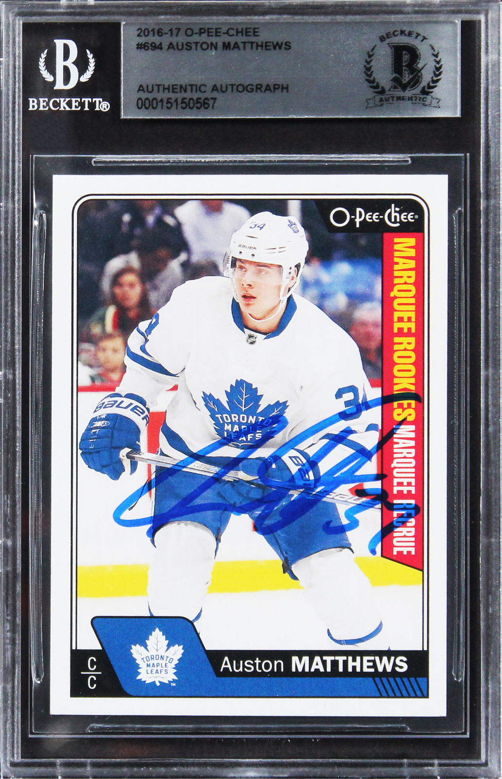 Maple Leafs Auston Matthews Signed 2016 O-Pee-Chee #694 Rookie Card BAS Slabbed
