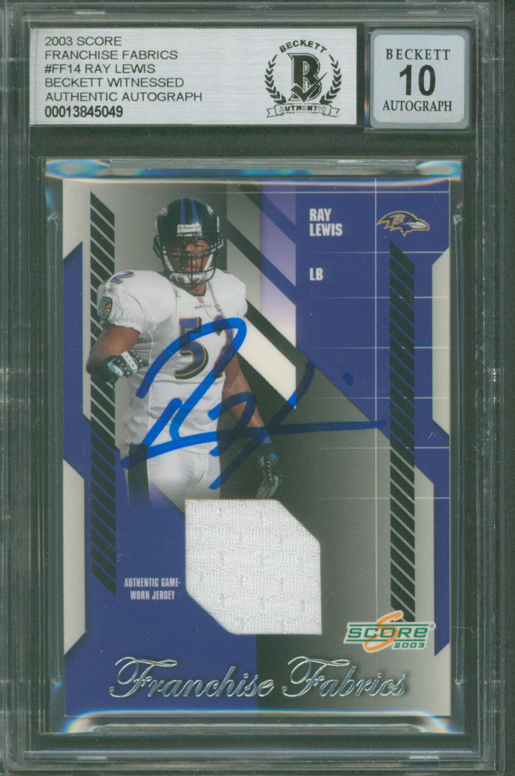 Ravens Ray Lewis Signed 2003 Score Franchise Fabrics #FF14 Card Auto 10 BAS Slab
