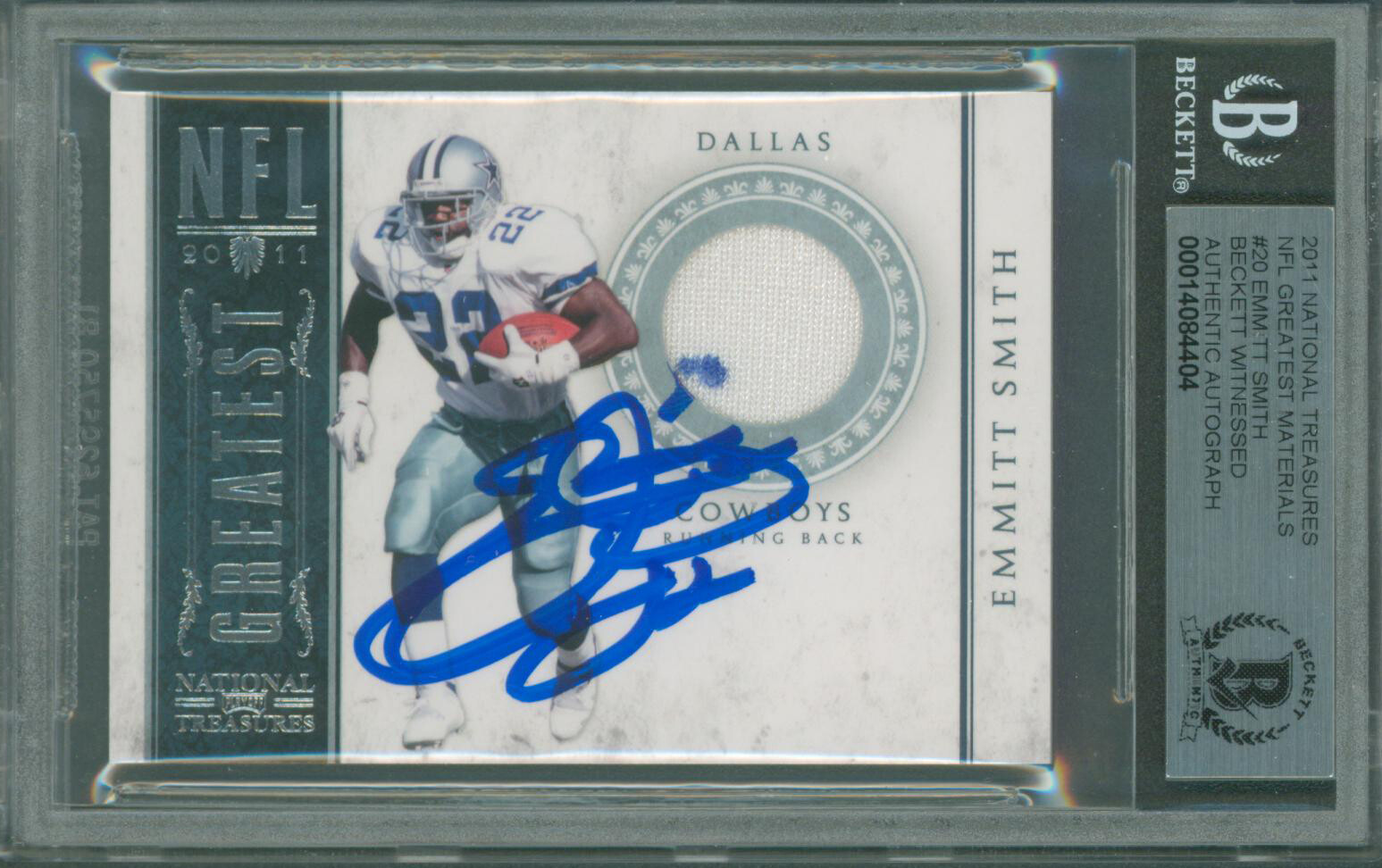 Cowboys Emmitt Smith Signed 2011 National Treasures NFL #20 Card BAS Slabbed
