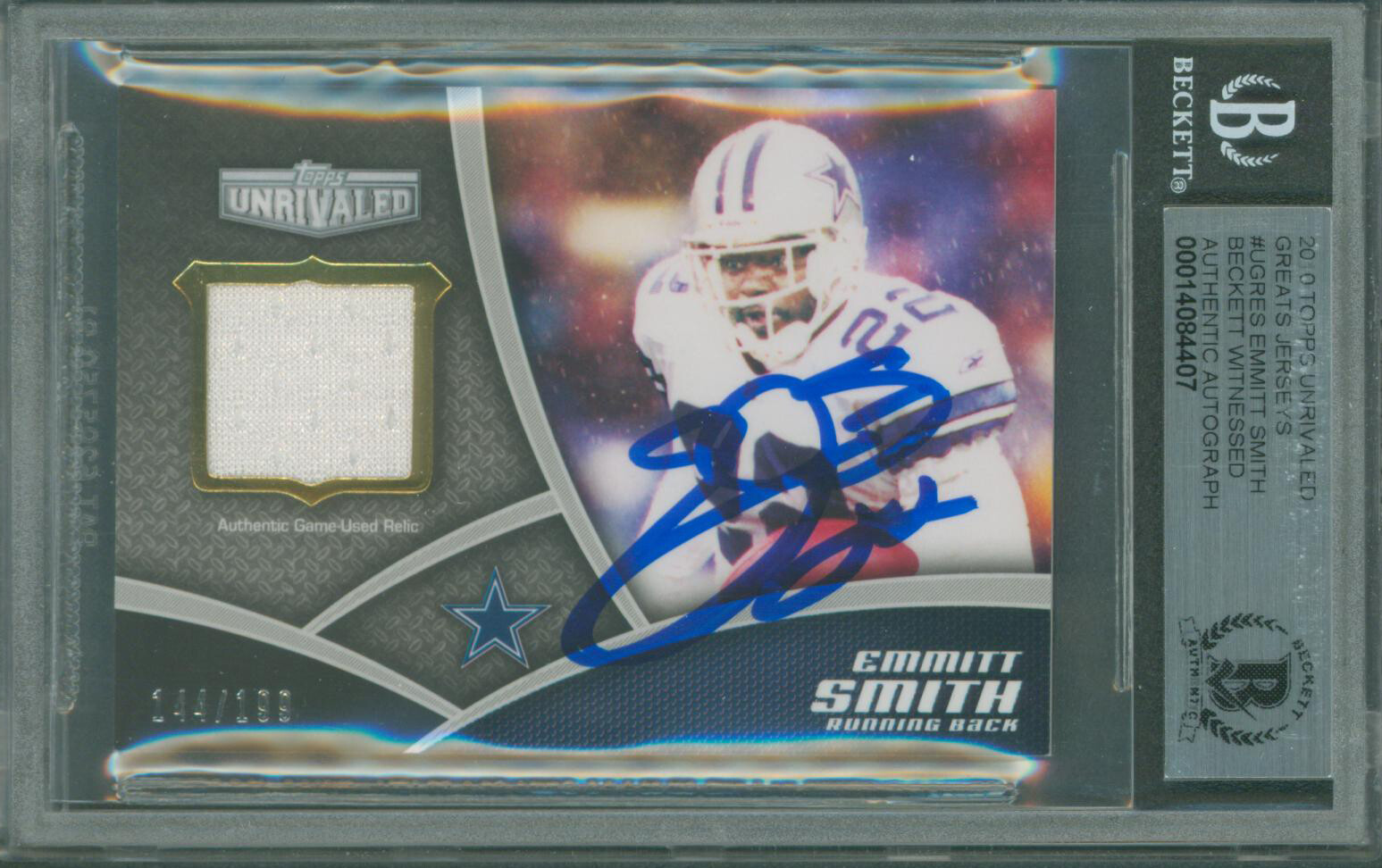 Cowboys Emmitt Smith Signed 2010 Topps Unrivaled GJ #UGRES Card BAS Slabbed
