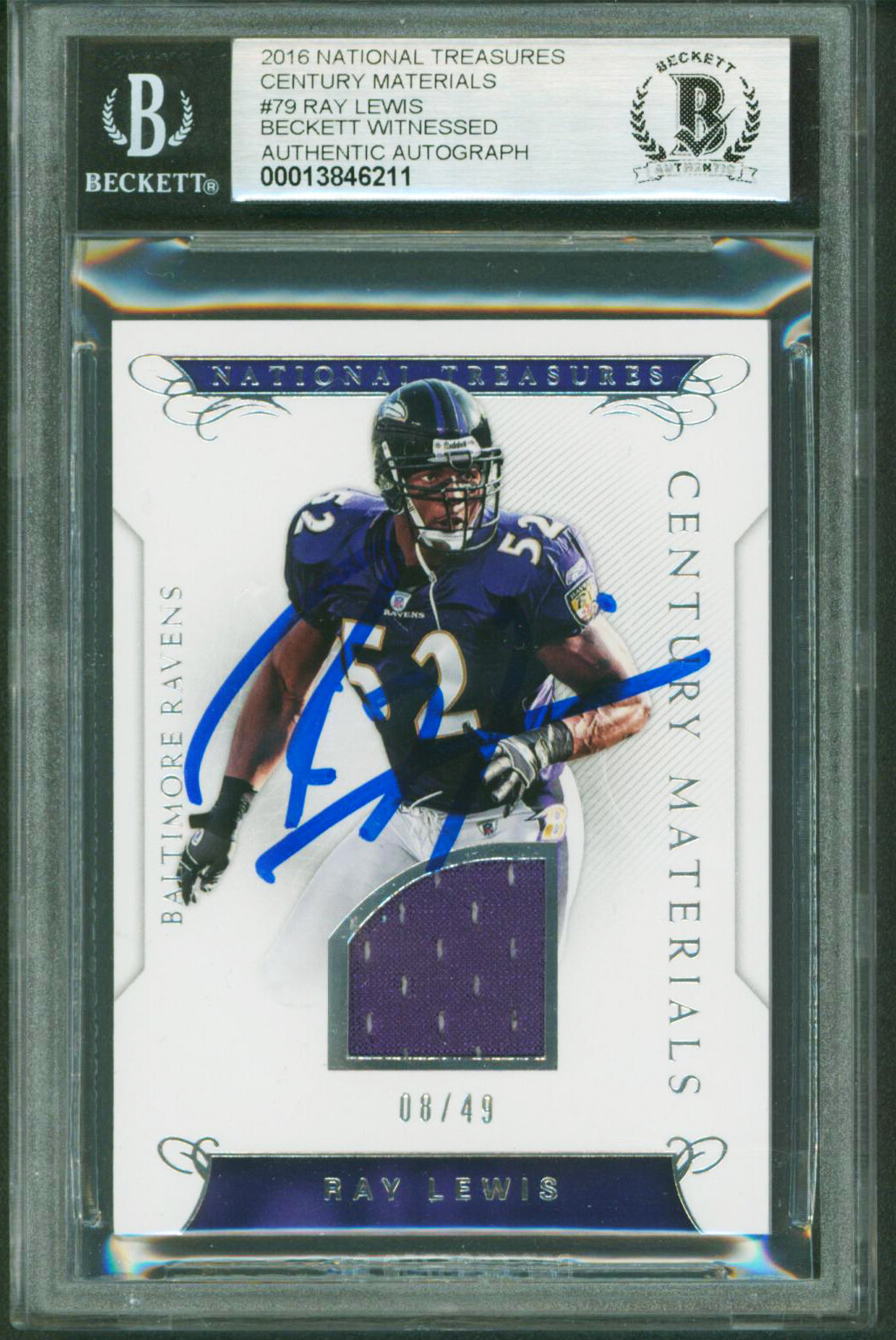 Ray Lewis Signed 2016 National Treasures Cent #79 08/49 Card Auto 10! BAS Slab

