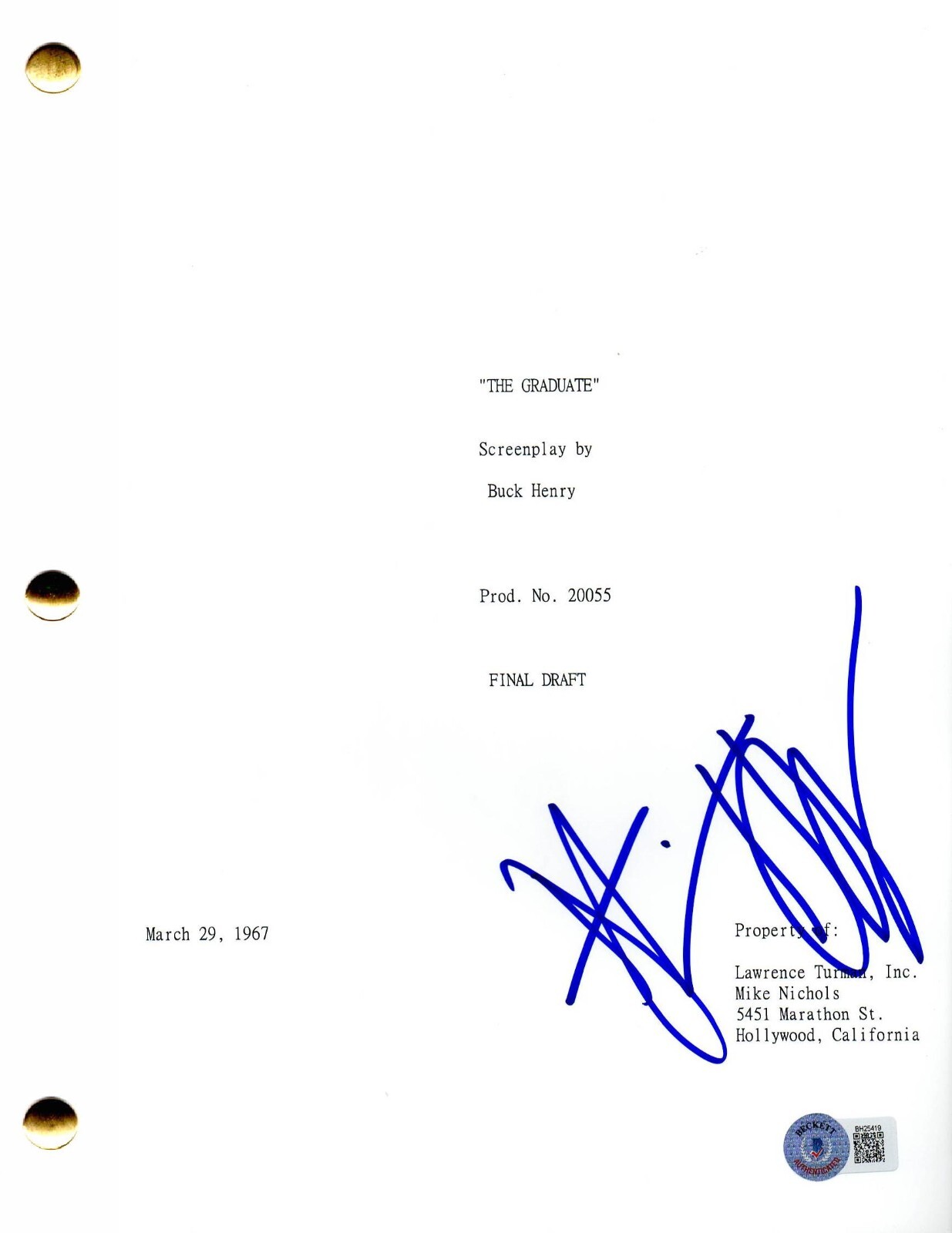 DUSTIN HOFFMAN SIGNED THE GRADUATE FULL SCRIPT AUTHENTIC AUTOGRAPH BECKETT
