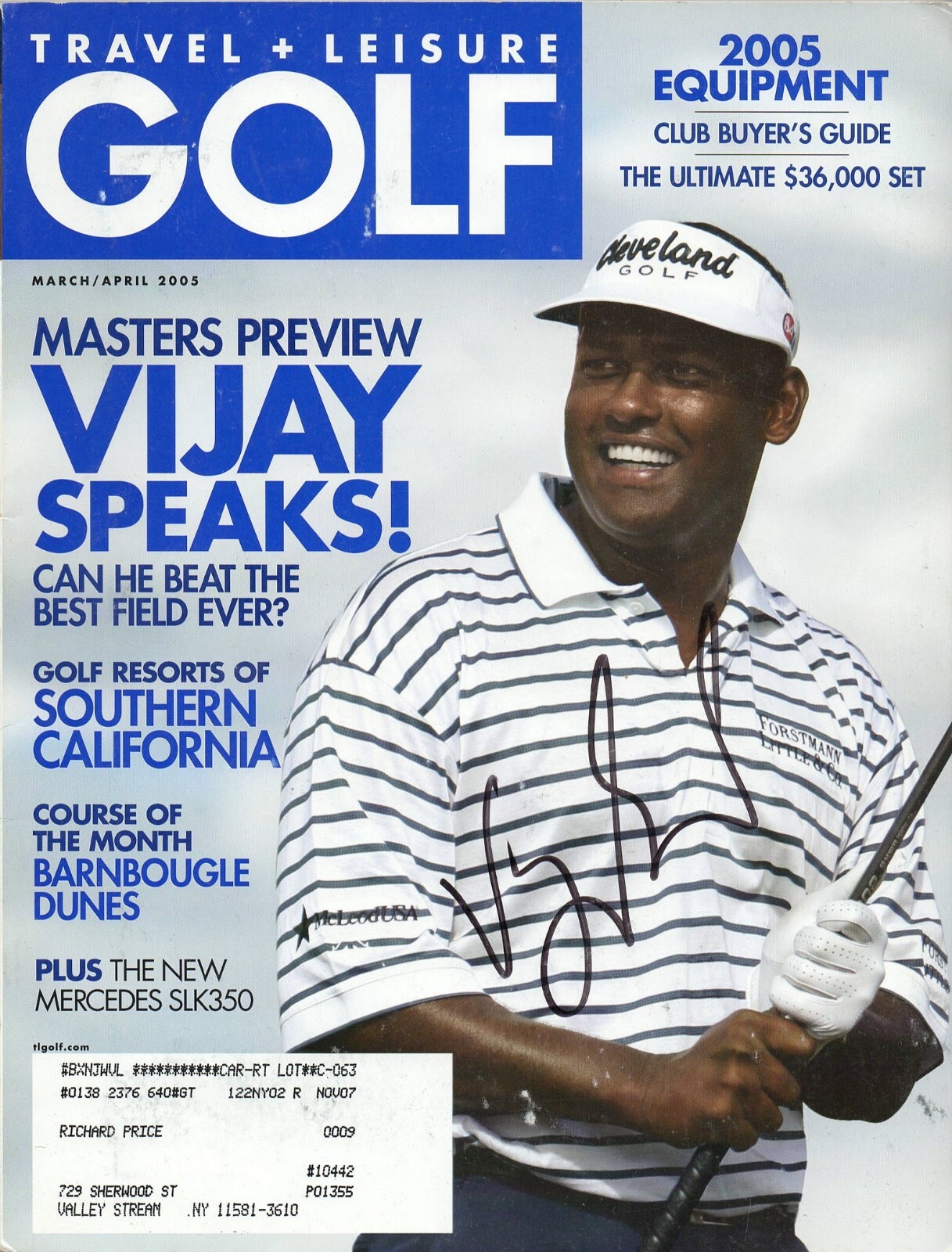 VIJAY SINGH SIGNED TRAVEL & LEISURE GOLF MAGAZINE AUTHENTIC AUTO MASTERS CHAMP
