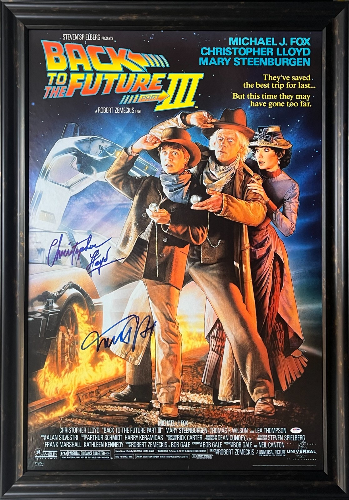MICHAEL J FOX CHRISTOPHER LLOYD SIGNED BACK TO THE FUTURE 3 FRAMED POSTER PSA
