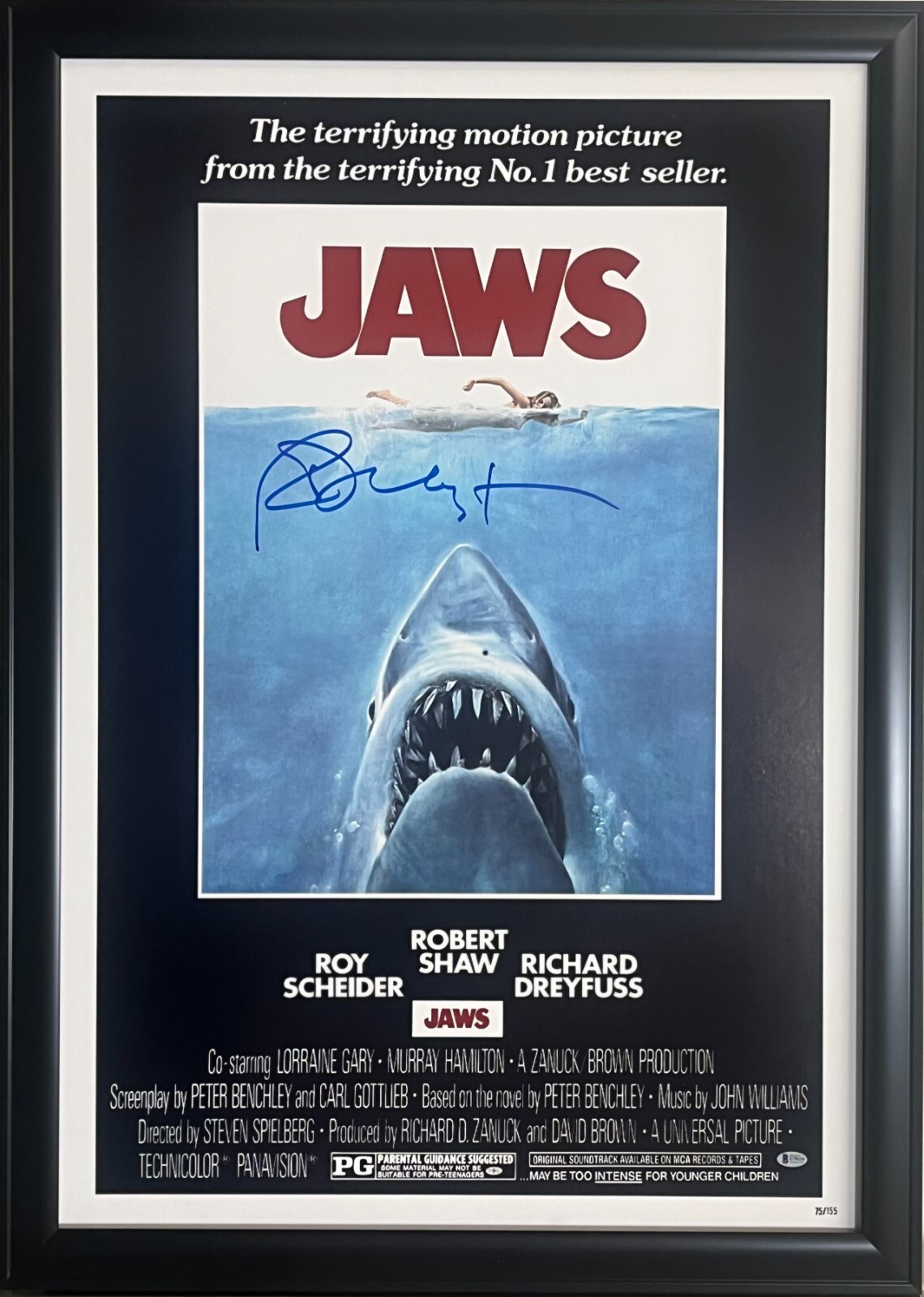 RICHARD DREYFUSS SIGNED JAWS FULL SIZE FRAMED MOVIE POSTER 27X40 AUTOGRAPH BAS
