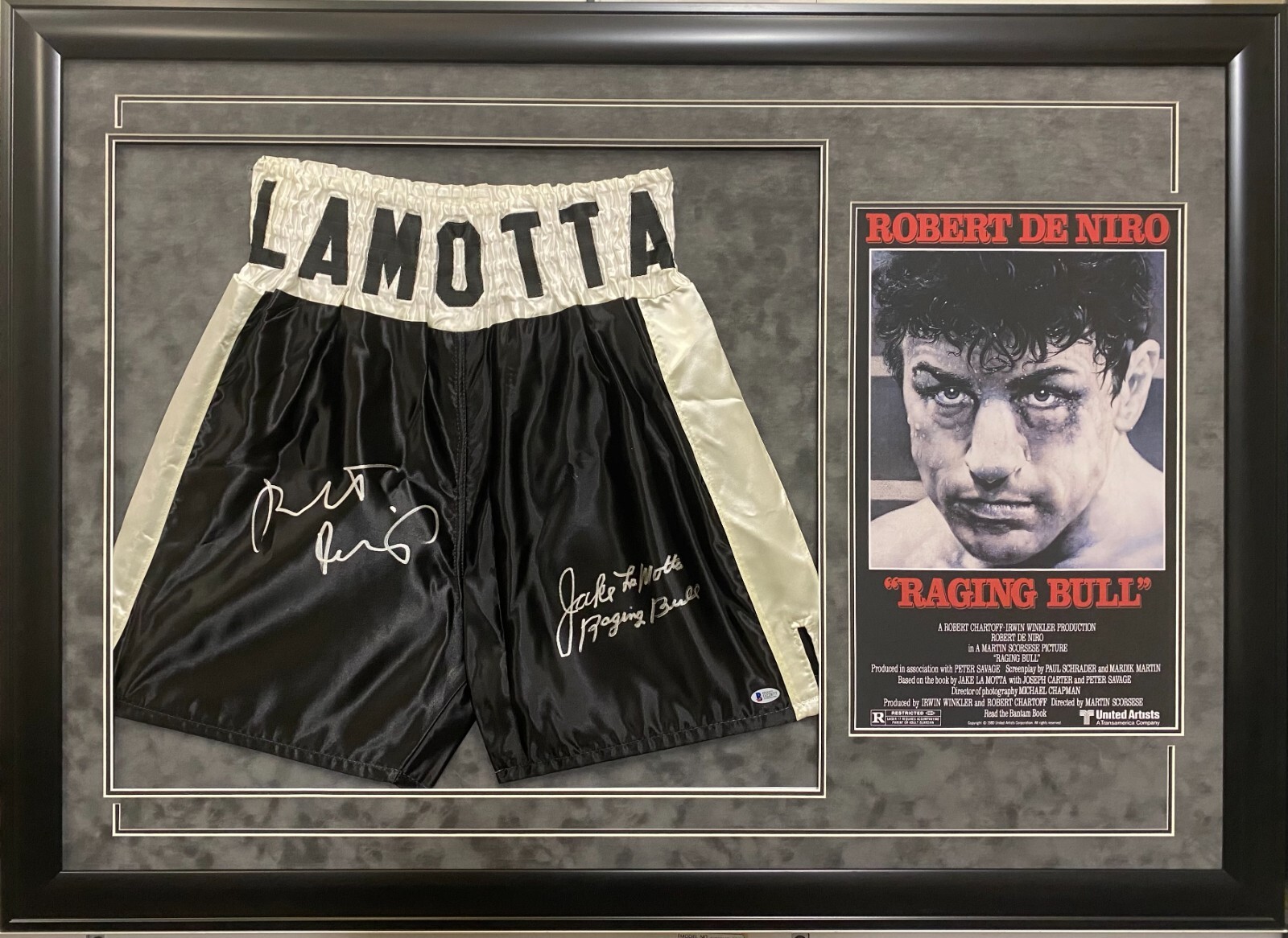 ROBERT DENIRO JAKE LAMOTTA SIGNED FRAMED TRUNKS RAGING BULL AUTOGRAPH BECKETT
