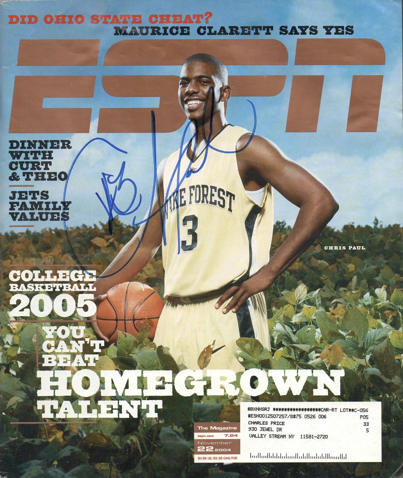 CHRIS PAUL SIGNED ESPN THE MAGAZINE 11/22/04 AUTHENTIC AUTOGRAPH WAKE FORREST
