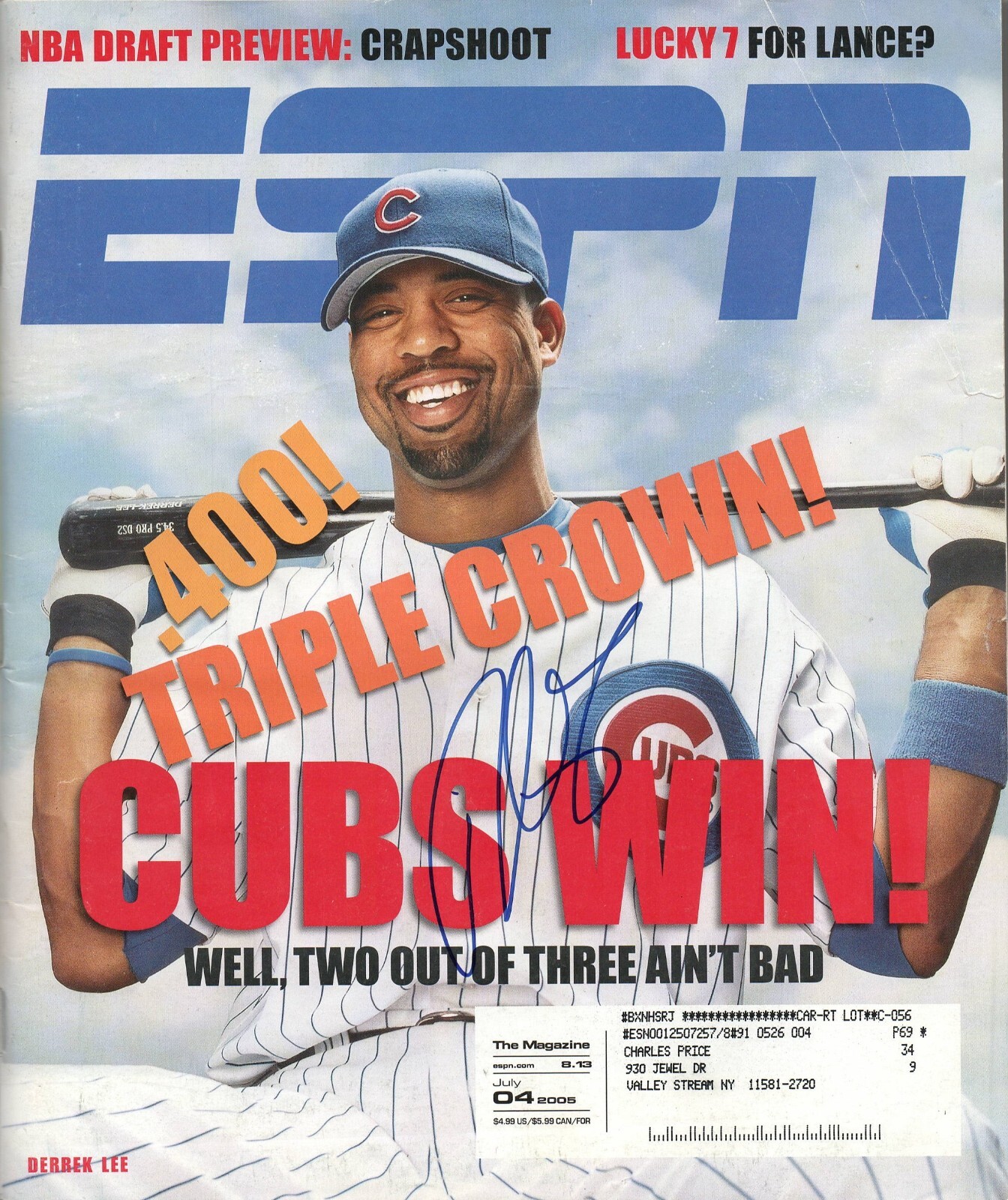 DEREK LEE SIGNED ESPN THE MAGAZINE AUTHENTIC AUTOGRAPH CHICAGO CUBS

