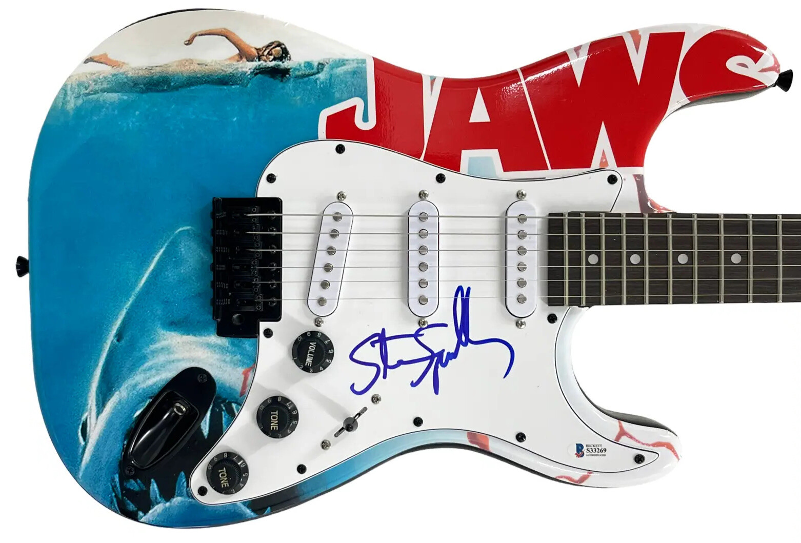 STEVEN SPIELBERG SIGNED JAWS FULL SIZE ELECTRIC GUITAR AUTOGRAPH BECKETT COA
