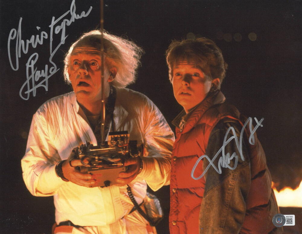 MICHAEL J FOX CHRISTOPHER LLOYD SIGNED 11X14 PHOTO BACK TO THE FUTURE BAS LOA
