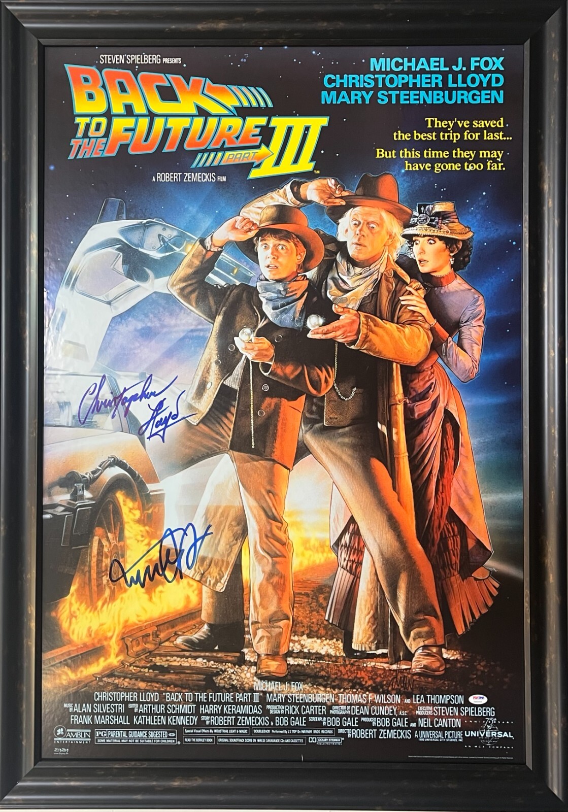 MICHAEL J FOX CHRISTOPHER LLOYD SIGNED BACK TO THE FUTURE 3 FRAMED POSTER PSA
