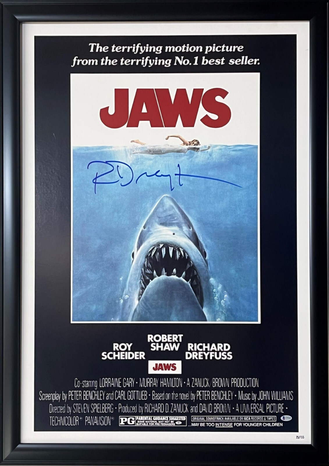 RICHARD DREYFUSS SIGNED JAWS FULL SIZE FRAMED MOVIE POSTER 27X40 AUTOGRAPH BAS
