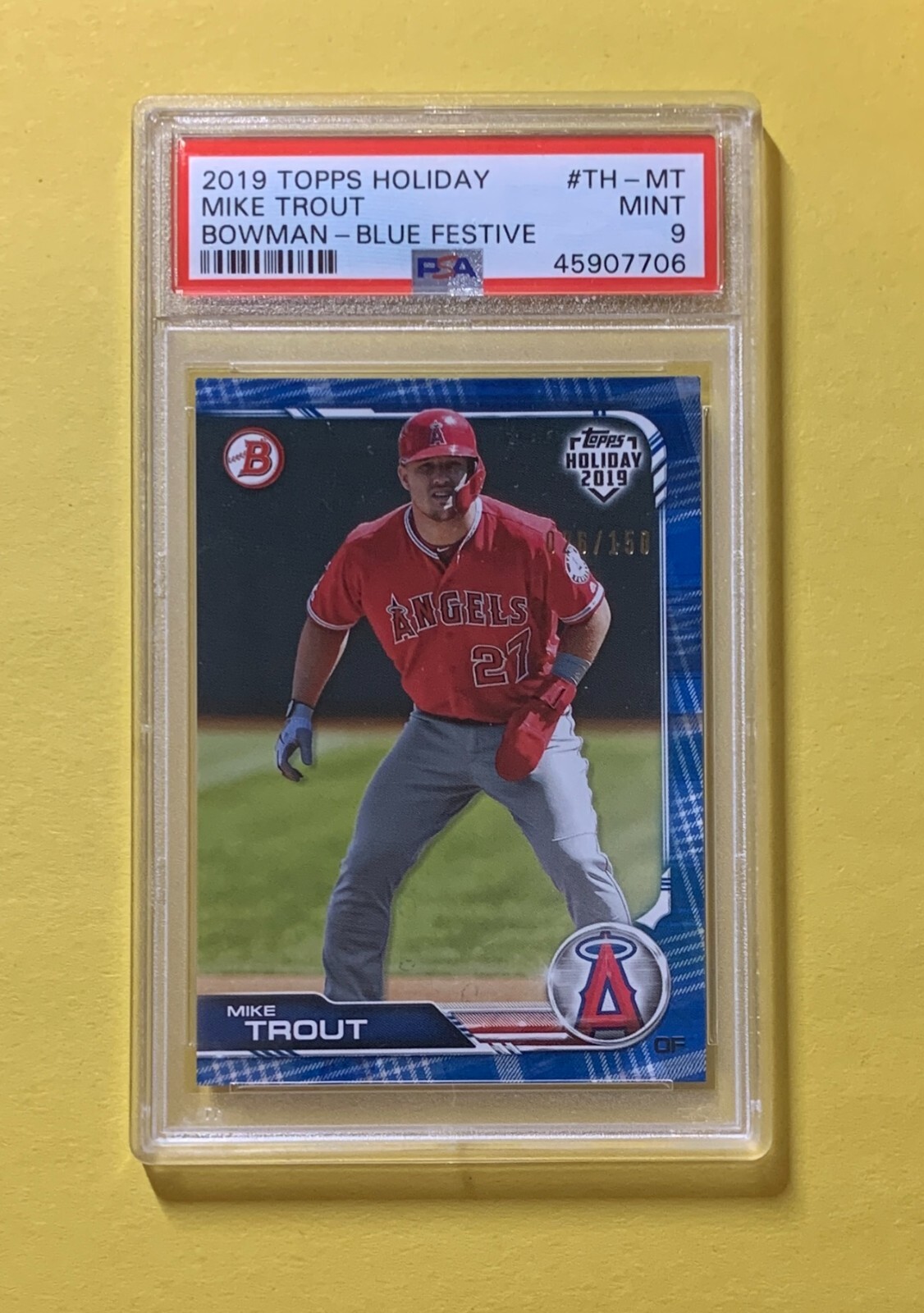 2019 TOPPS HOLIDAY MIKE TROUT BOWMAN BLUE FESTIVE /150 PSA MINT 9 #TH-MT
