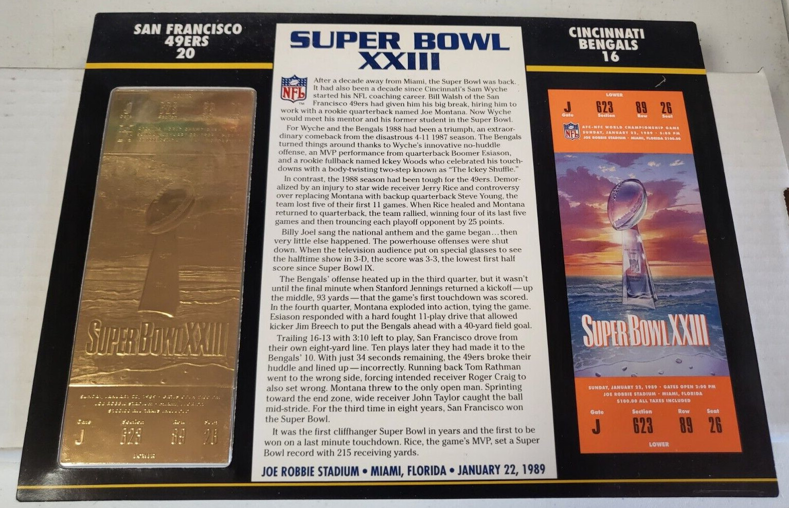NFL SUPER BOWL XXIII 22KT GOLD TICKET WILLABEE WARD SF SF 49ERS 20 BENGALS 16
