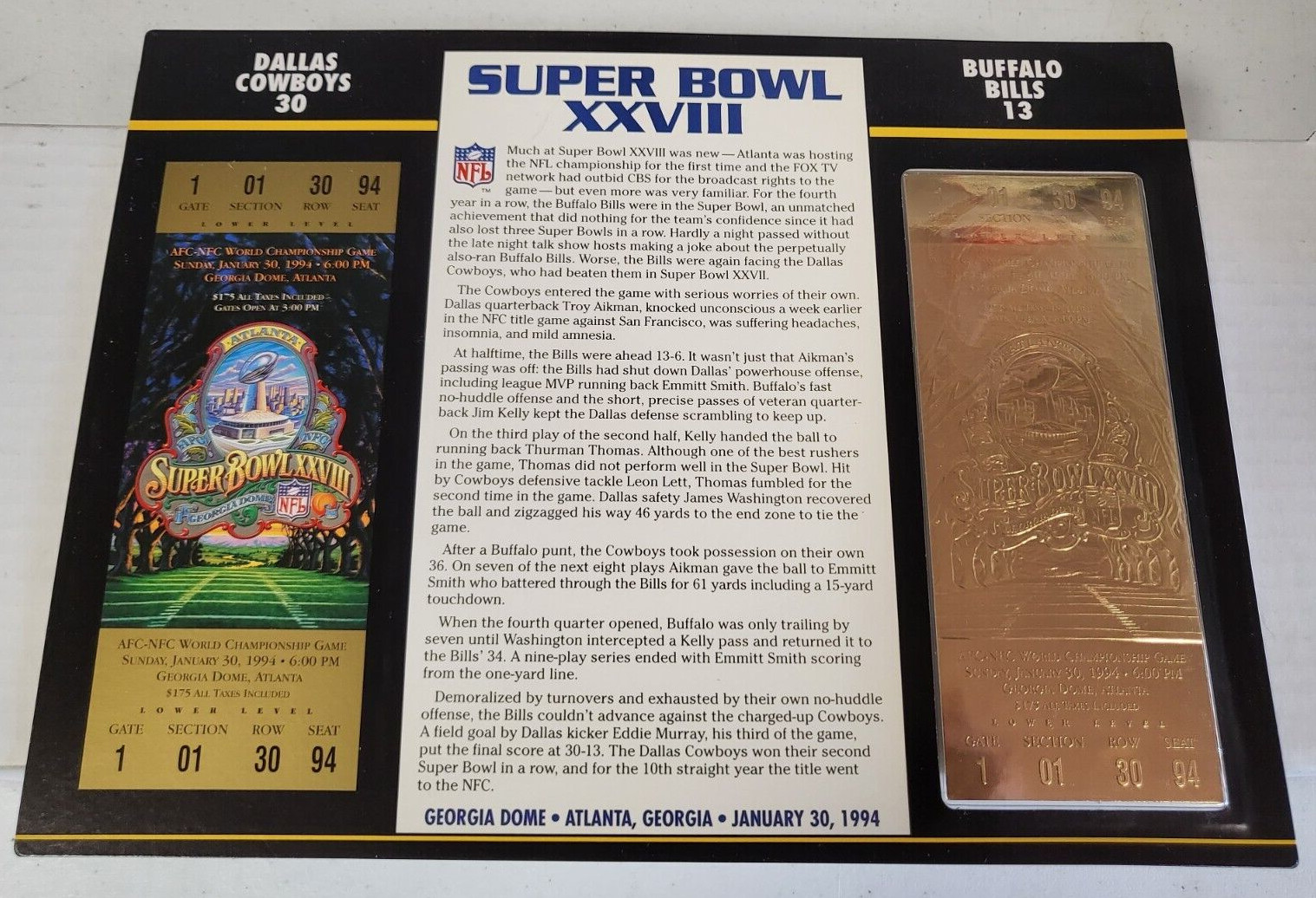 NFL SUPER BOWL XXVII 22KT GOLD TICKET WILLABEE WARD COWBOYS 30 BILLS 13
