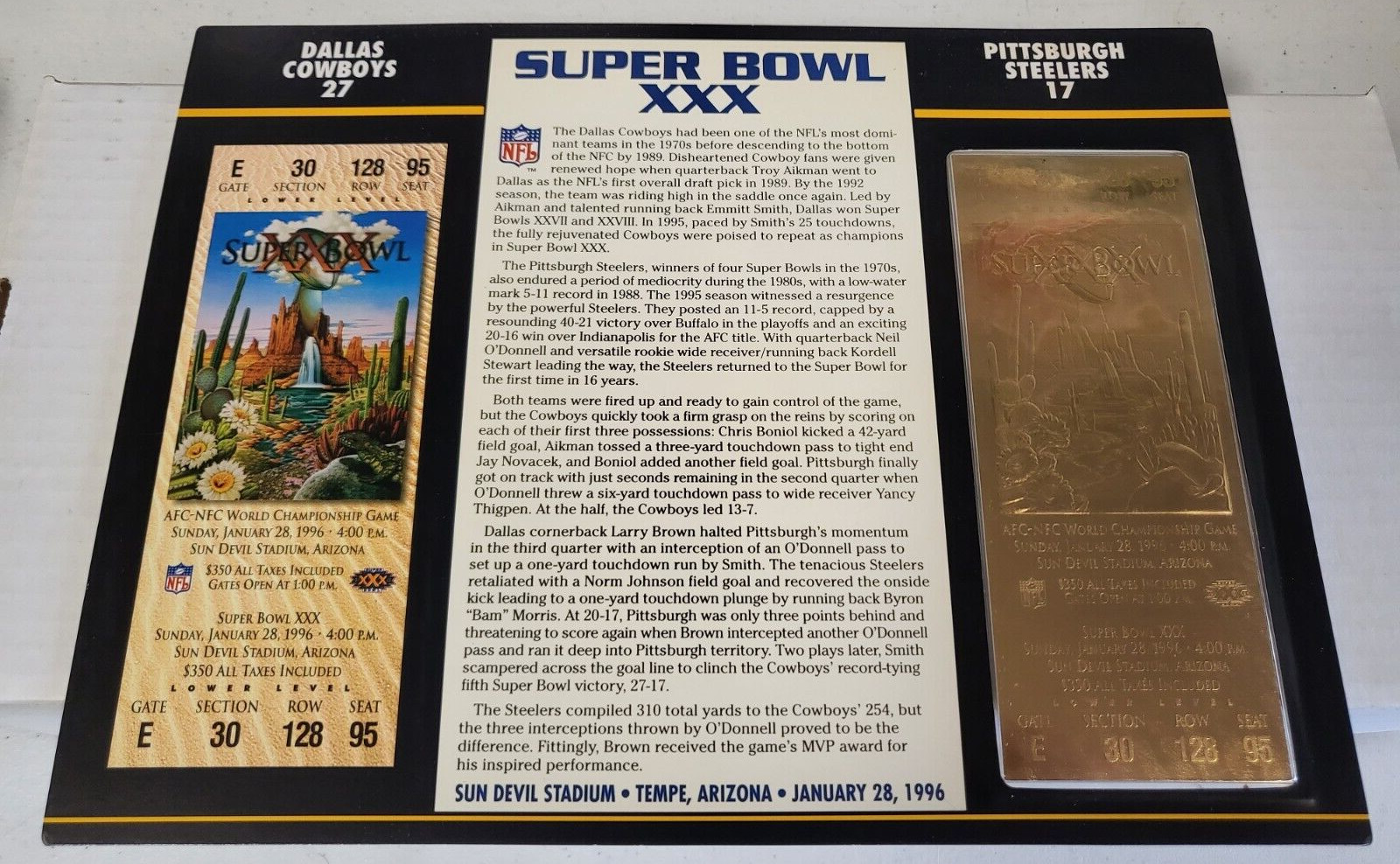 NFL SUPER BOWL XXX 22KT GOLD TICKET WILLABEE WARD COWBOYS 27 STEELERS 17
