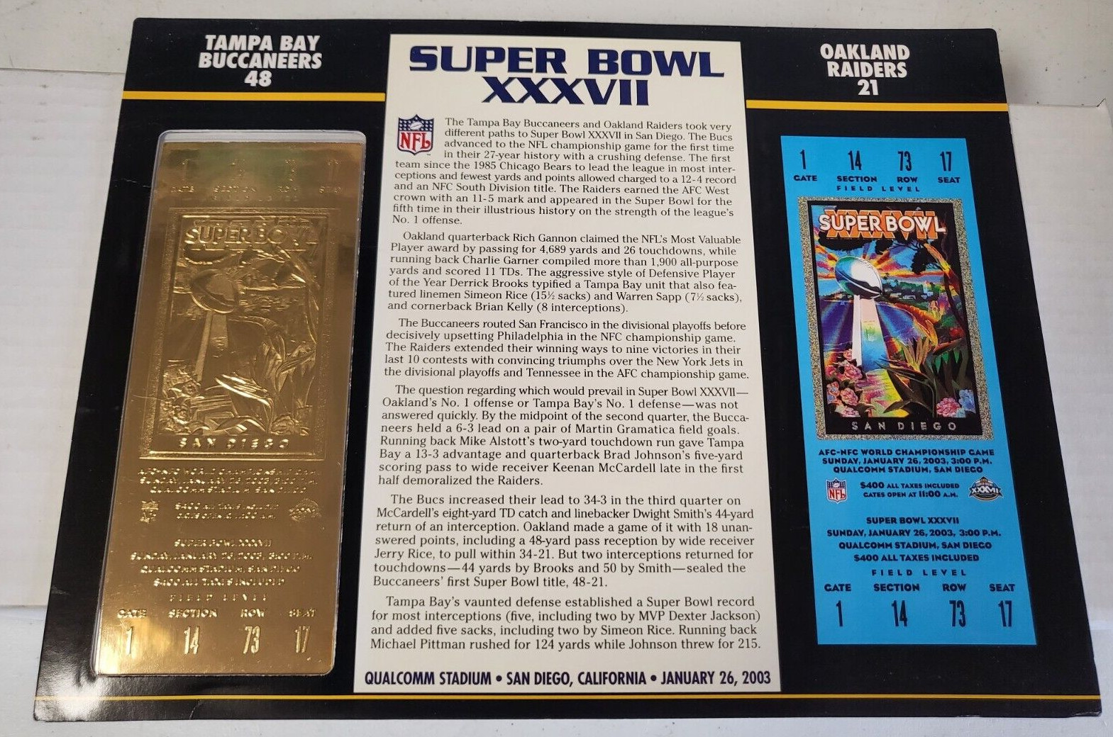 NFL SUPER BOWL XXXVII 22KT GOLD TICKET WILLABEE WARD BUCCANEERS 48 RAIDERS 21
