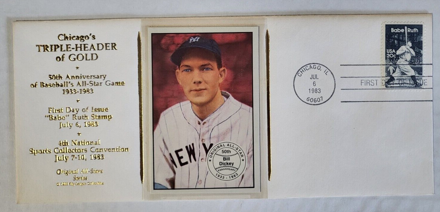 CHICAGO’S TRIPLE-HEADER OF GOLD CACHET FIRST DAY ISSUE BABE RUTH BILL DICKEY COLLECTIBLE MEMORABILIA