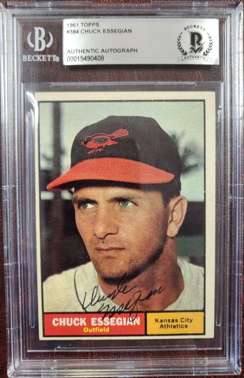 1961 TOPPS CHUCK ESSEGIAN ATHLETICS SIGNED AUTOGRAPH #384 CARD BECKETT AUTHENTIC

