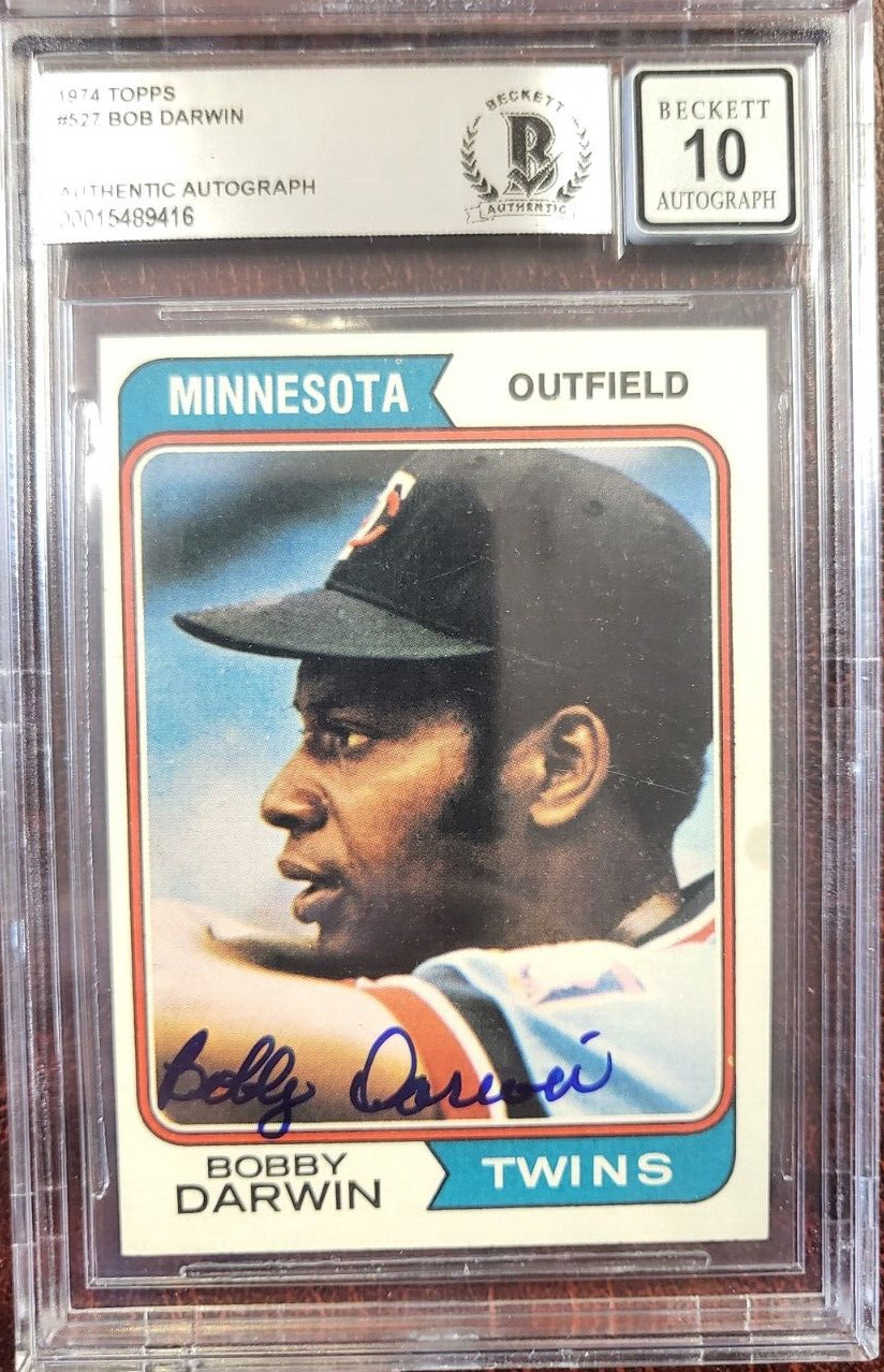 1974 TOPPS BOBBY DARWIN TWINS SIGNED AUTOGRAPH #527 CARD BECKETT 10 AUTO
