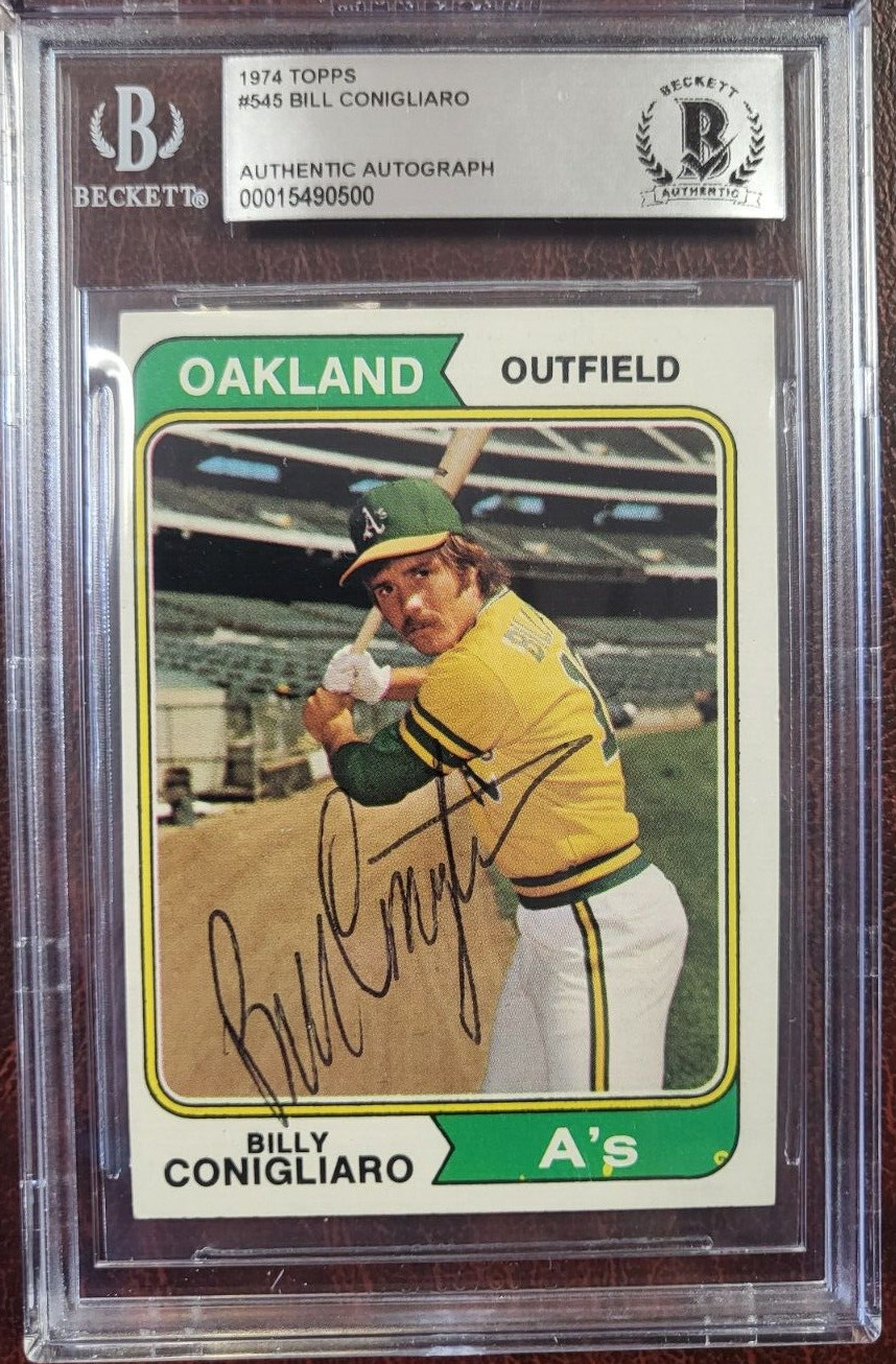 1974 TOPPS BILLY CONIGLIARO A’S SIGNED AUTOGRAPH #545 BASEBALL CARD BECKETT COLLECTIBLE MEMORABILIA